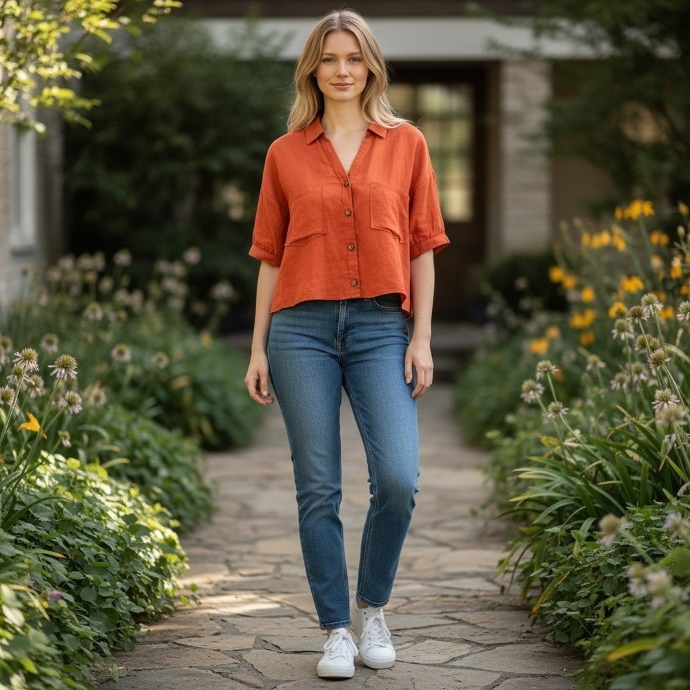 Industry Republic Shirt L Orange Linen Cropped Boxy Coastal Grandma  Lagenlook